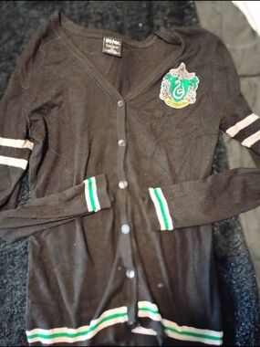 Slytherin Crest Black Cardigan with Green Trim